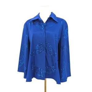Vintage D&Y Royal Blue Sequin Blouse L‎ Long Sleeve Disco Western Glam Retro